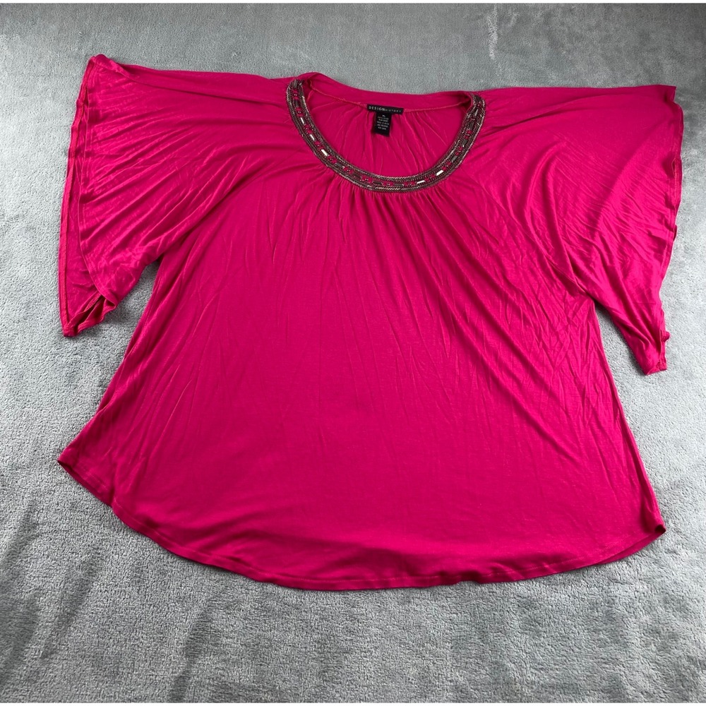 DESIGN HISTORY Pink Embellished Neckline Dolman Sleeve Tunic Top XL Viscose